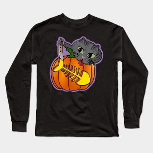 Funny Black Cat Pumpkin Carving Party Halloween Long Sleeve T-Shirt